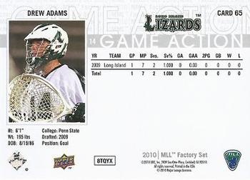 2010 Upper Deck Major League Lacrosse #65 Drew Adams Back